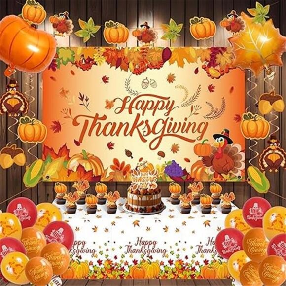 Thanksgiving Party Decorations Set, Turkey Themed Backdrop,Tablecloth - Picture 8 of 8